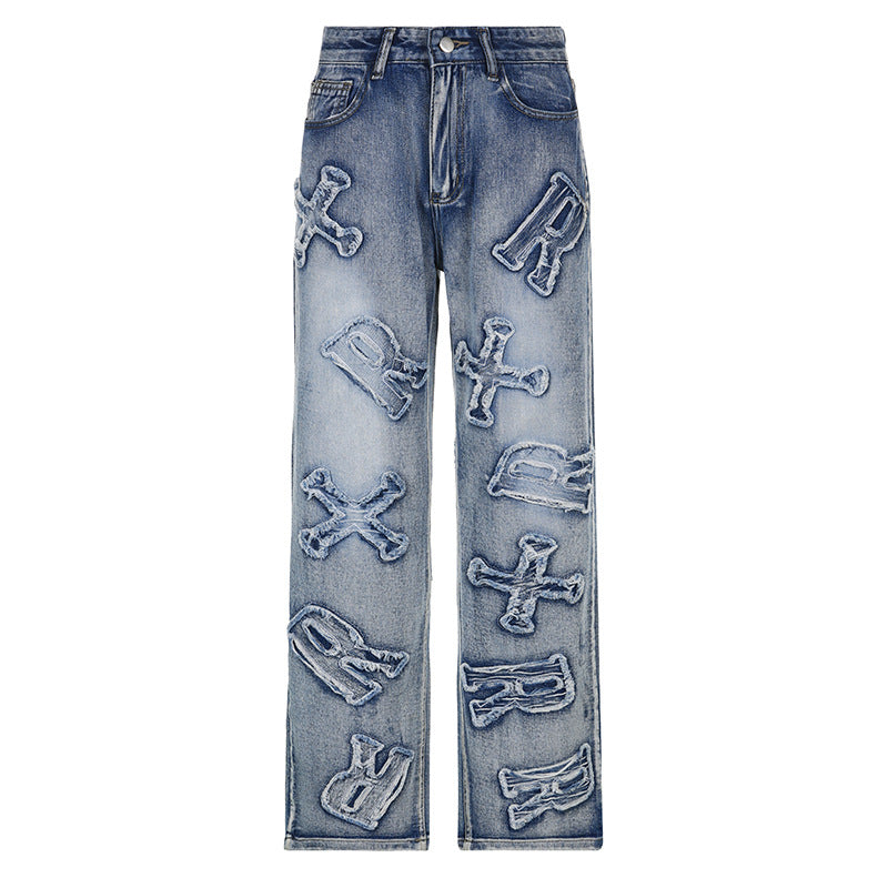 Letter Patch Faded  Jeans